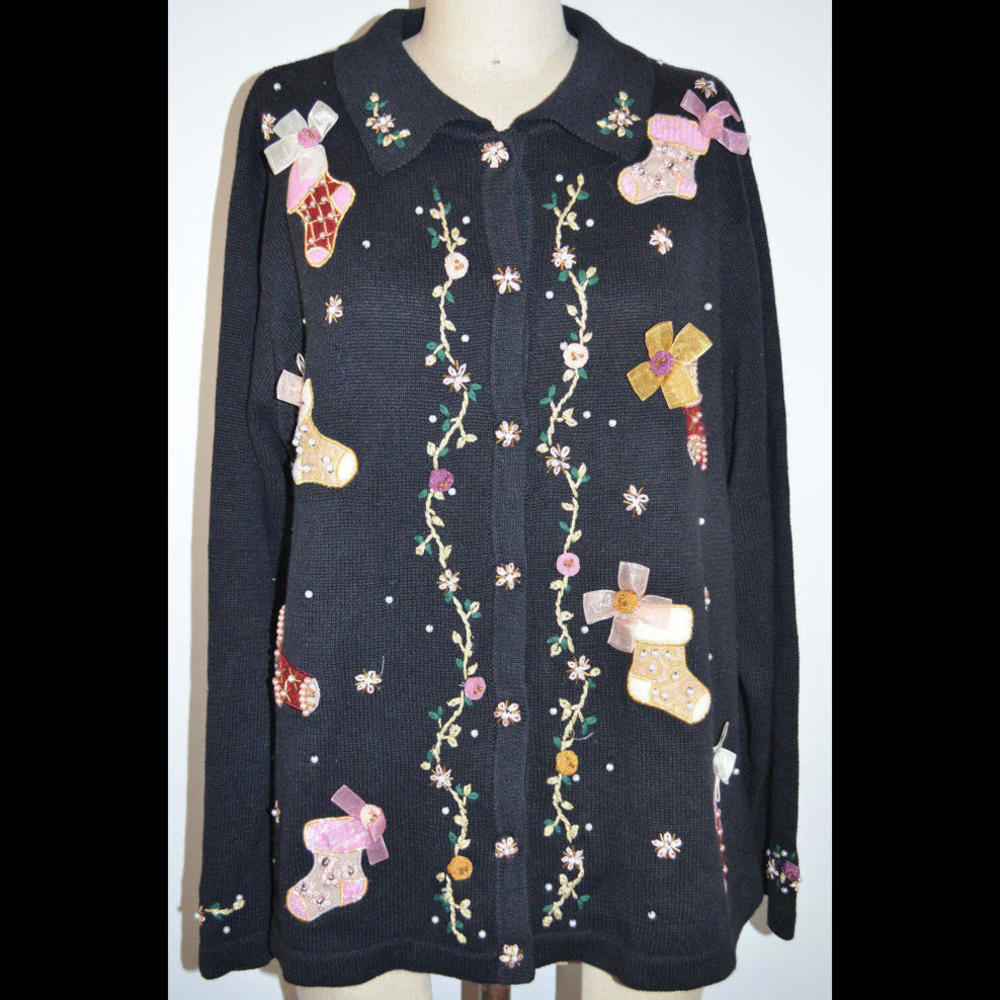 BP Design Black Sweater w/Stockings Ribbons Pearls Christmas Holiday Women's XL